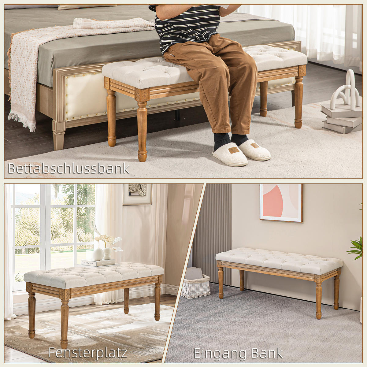 SITZBANK, Polsterbank mit Leinenoptik, Holzbeine, Bettbank, 120 x 41 x 48 cm, Creme - Creme, Kunststoff (41/48/120cm) - HOMCOM
