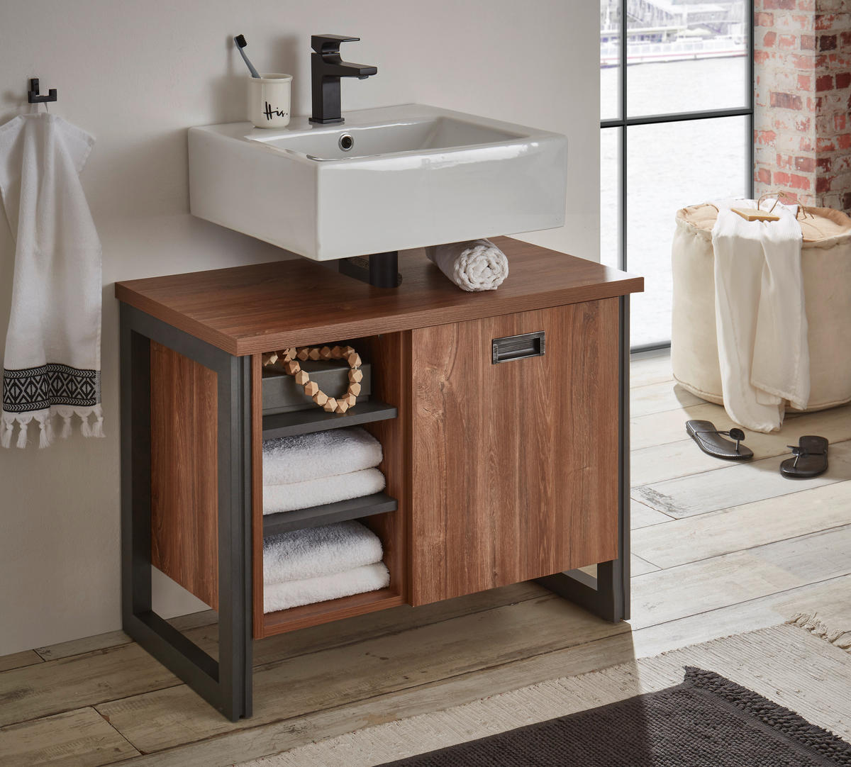 WASCHBECKENUNTERSCHRANK I12 Stirling Oak & Matera 81/62/40 cm breit mit offenen Fächern - Eichefarben, Holzwerkstoff (81/62/40cm) - Livojo