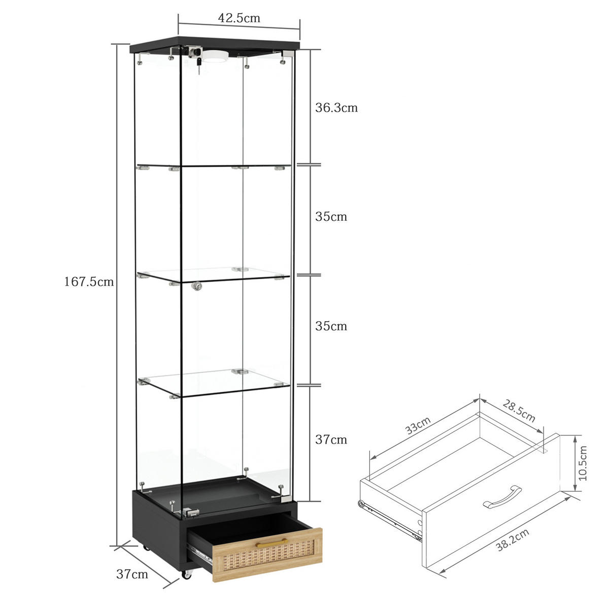 VITRINE 36,5/42,5/167 cm aus MDF und Glas mit LED-Beleuchtung, Rollen und abschließbarem Stauraum, Schwarz - Schwarz, Holzwerkstoff (42.5/167/36.5cm) - Redom