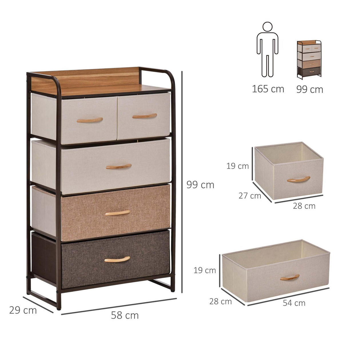 KOMMODE 58/29/99 cm aus Leinen und Stahl mit 5 faltbaren Schubladen Multicolor - Weiß, Textil (58/99/29cm) - Modenvie