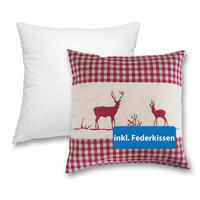 DEKOKISSEN Hirsch rot 40/40 cm Landhaus-Stil mit Reißverschluss inkl. 100% Federkissen - Rot, Textil (40/40cm) - wometo