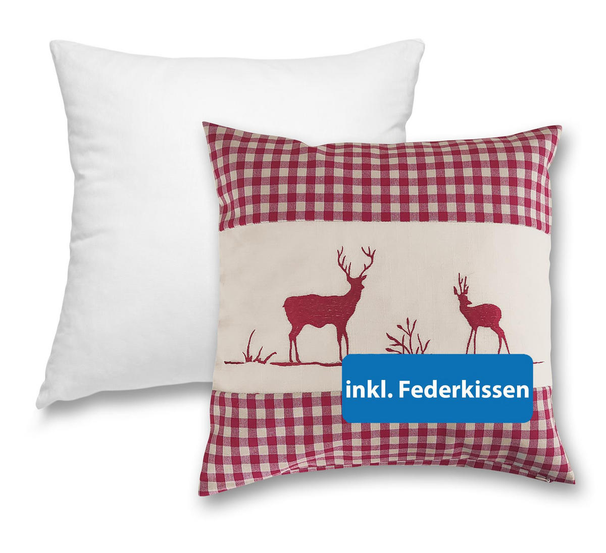 DEKOKISSEN Hirsch rot 40/40 cm Landhaus-Stil mit Reißverschluss inkl. 100% Federkissen - Rot, Textil (40/40cm) - wometo