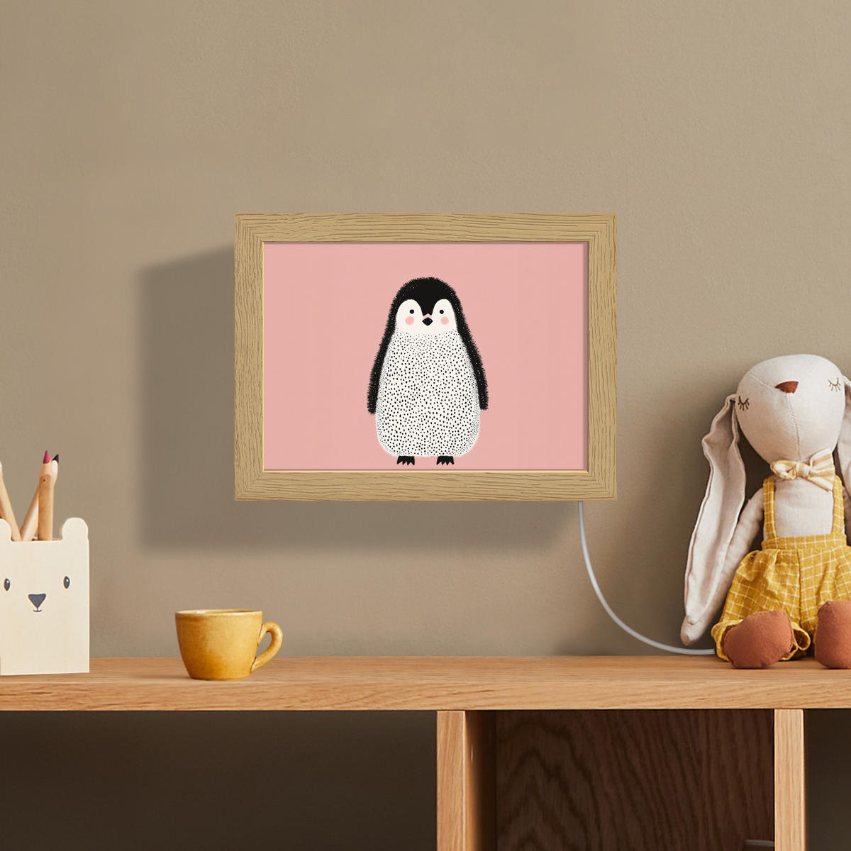 NÁSTĚNNÁ LAMPA Tučňák - Tečky - Minimalistický - Růžový 20x15 cm - růžová, kompozitní dřevo (20/15/8cm) - OnlyWow