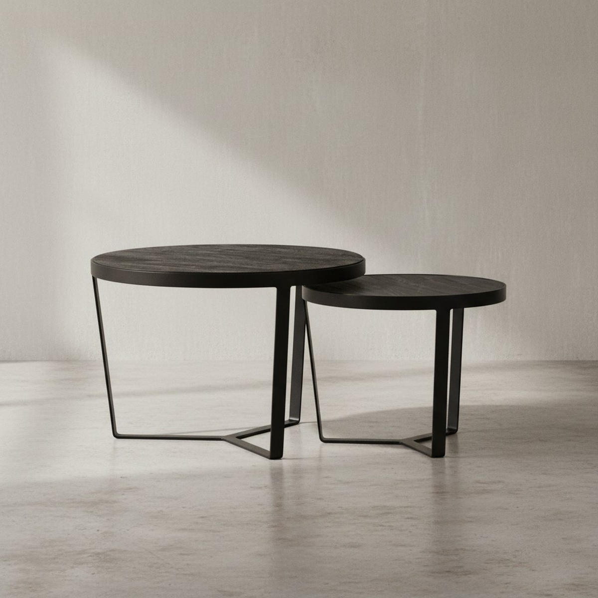 COUCHTISCH Set – 2-teilig Rund Akazie Massivholz Steinoptik Metall Schwarz Anthrazit - Schwarz, Holz/Metall (60/60/40cm) - KADIMA DESIGN