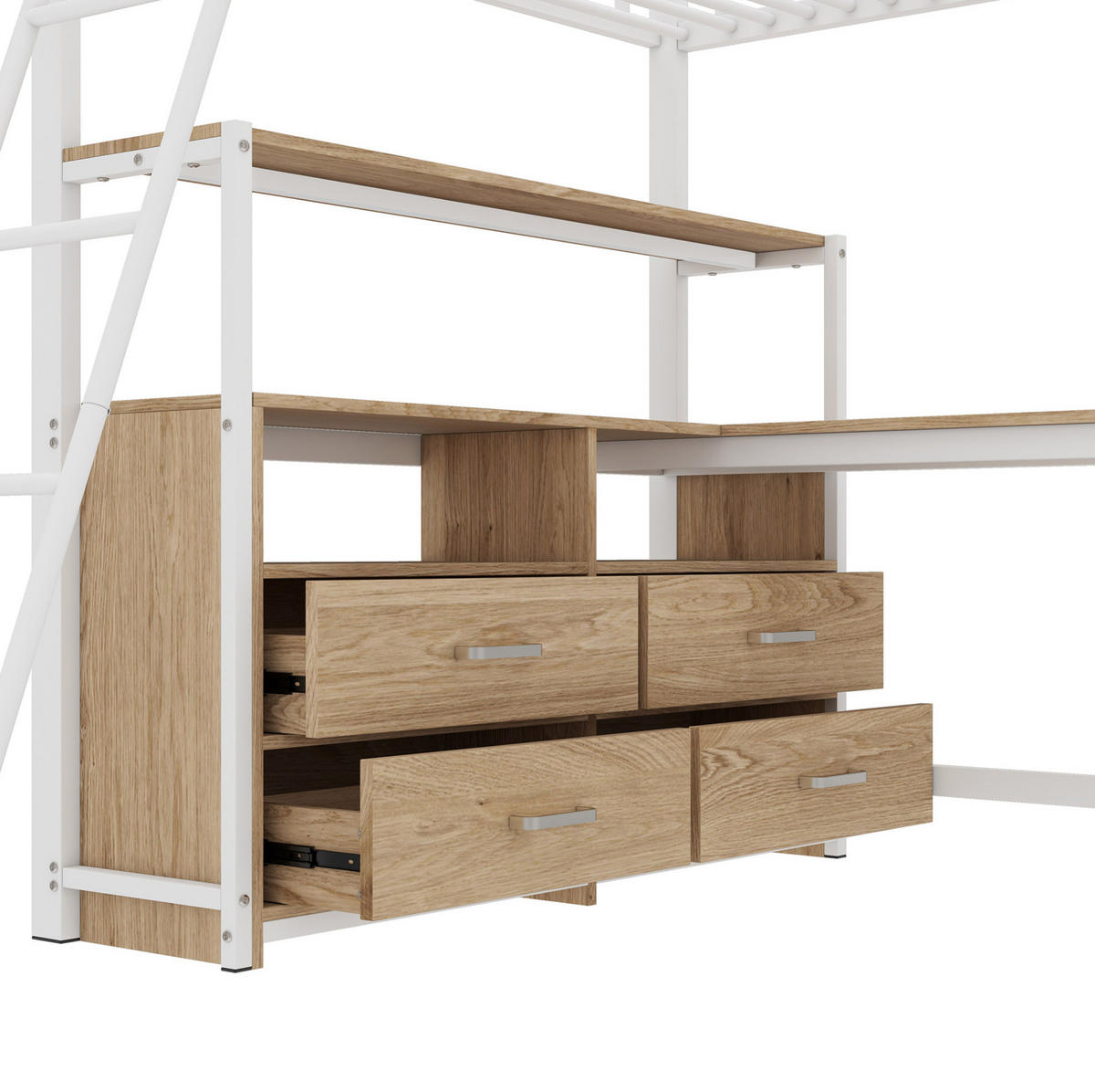 HOCHBETT 140/200 cm Weiß aus Metall und MDF mit L-förmigem Schreibtisch - Weiß, Holzwerkstoff (140/200cm) - OKMYHOME