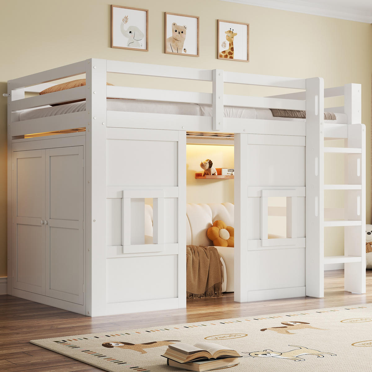 HOCHBETT 90/200 cm in Weiß aus Kiefernholz, MDF und Sperrholz mit Kleiderschrank, 2 Fenstern und LED - Weiß, Holz/Holzwerkstoff (90/200cm) - WISHDOR