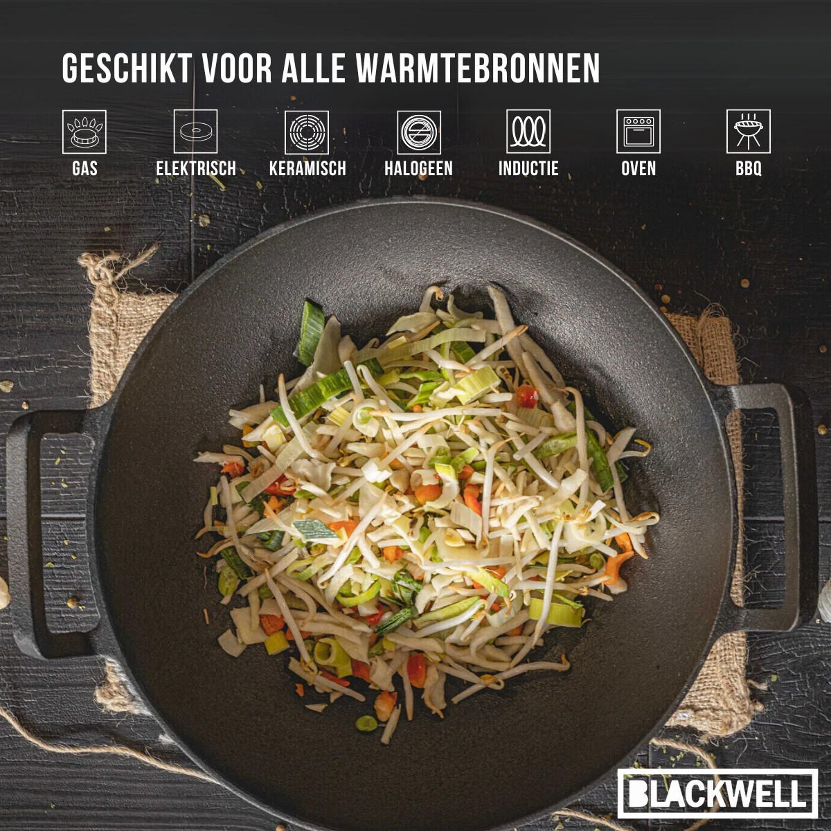 WOKPFANNE Gusseisen Ø 32 cm / 3.3 Liter – ohne Antihaftbeschichtung – geeignet für alle Wärmequellen - Schwarz, Keramik (32cm) - Blackwell