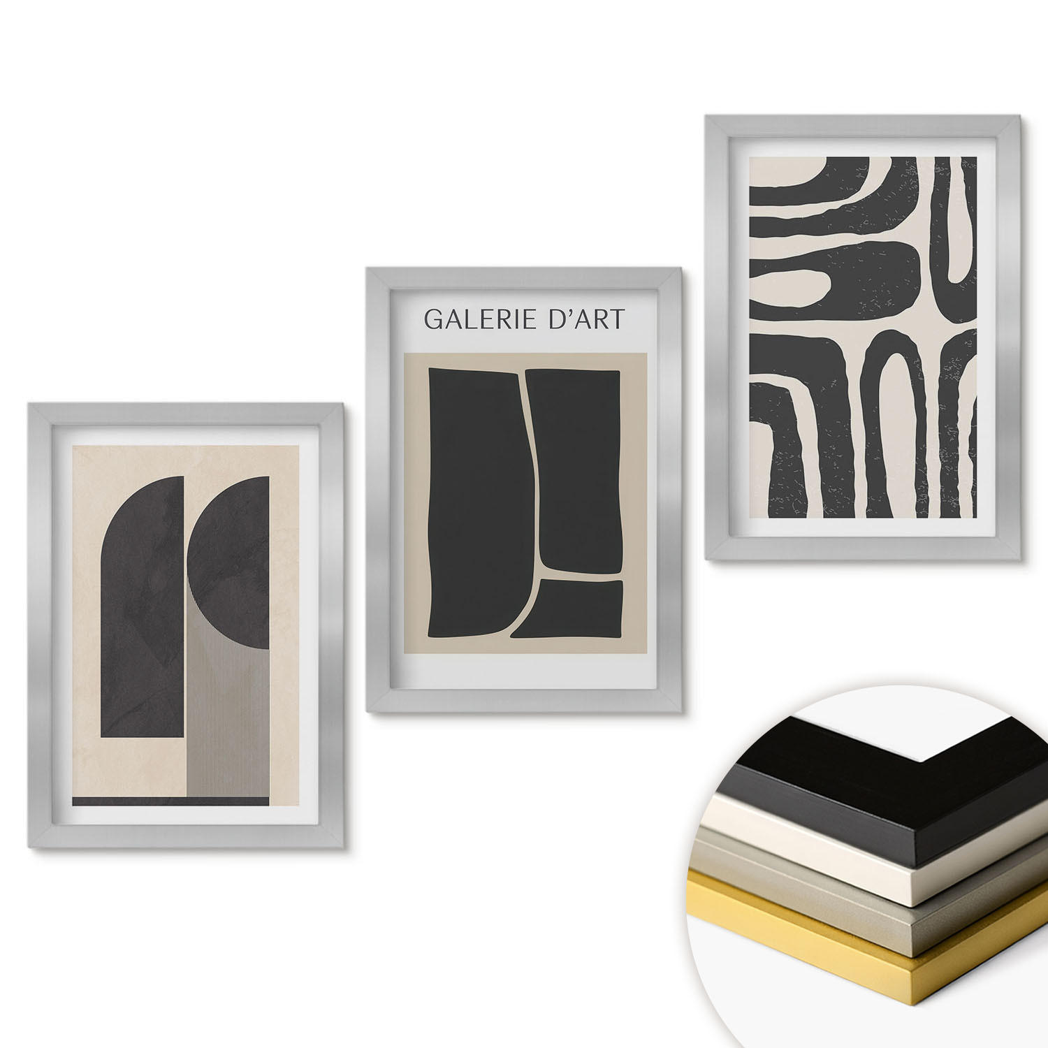 WANDBILDER 3er Set - 20x30 cm Silberner Rahmen - Abstrakte minimalistische Poster - Silberfarben, Kunststoff (20/30cm) - ArtPrintCave