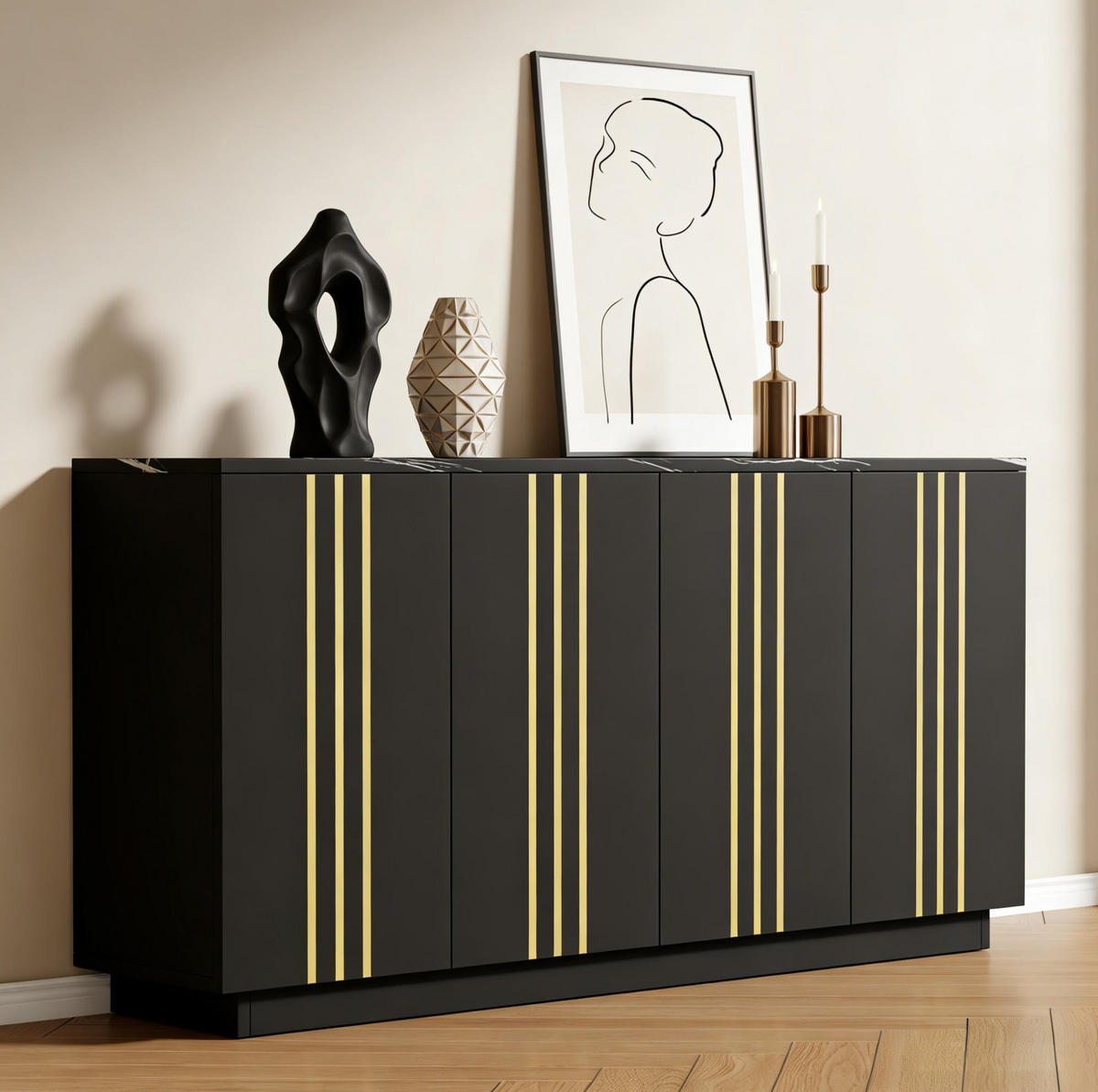 SIDEBOARD 140/35/70 cm schwarz aus Spanplatte mit 4 Türen - Schwarz, Holzwerkstoff (140/70/35cm) - OKWISH