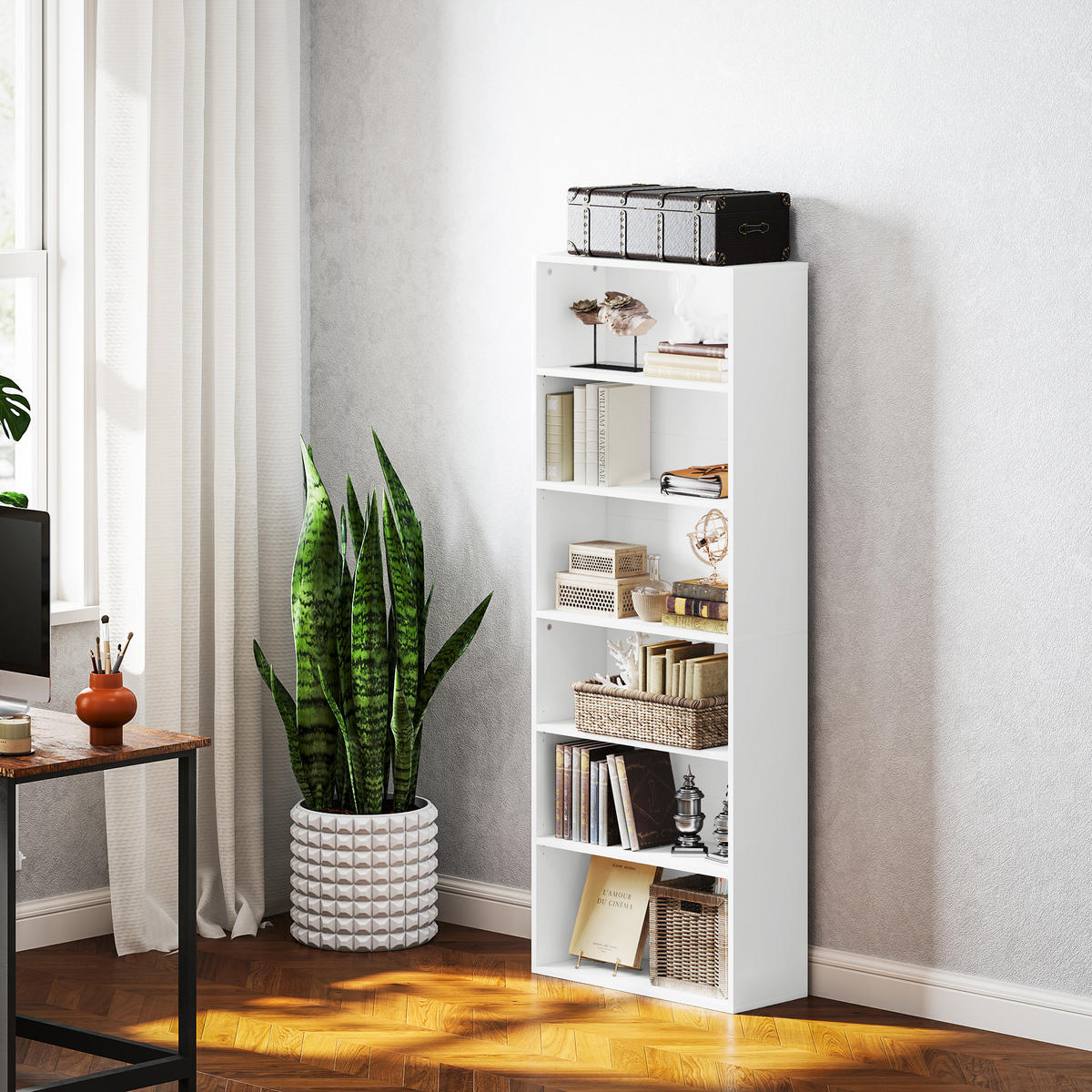 BÜCHERREGAL, Standregal mit 6 Ebenen, Verstellbar Ablage, Weiß - Weiß, Karton (24/158.5/60cm) - HOMCOM