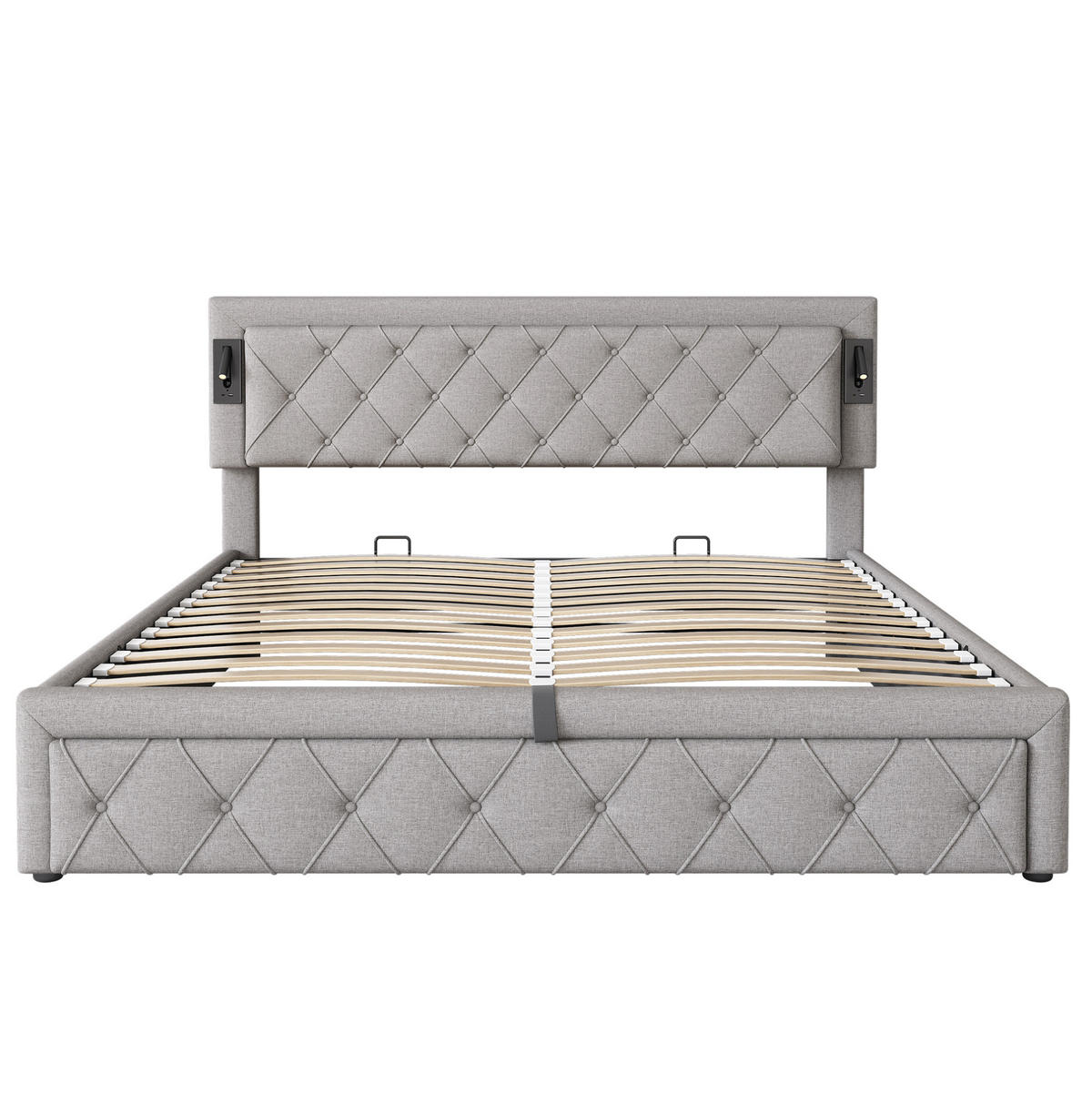 POLSTERBETT 180/200 cm aus Leinen mit Downlights, USB-Anschlüssen, hydraulischem Bettkasten und Lattenrost, Grau - Grau, Textil (180/200cm) - Redom