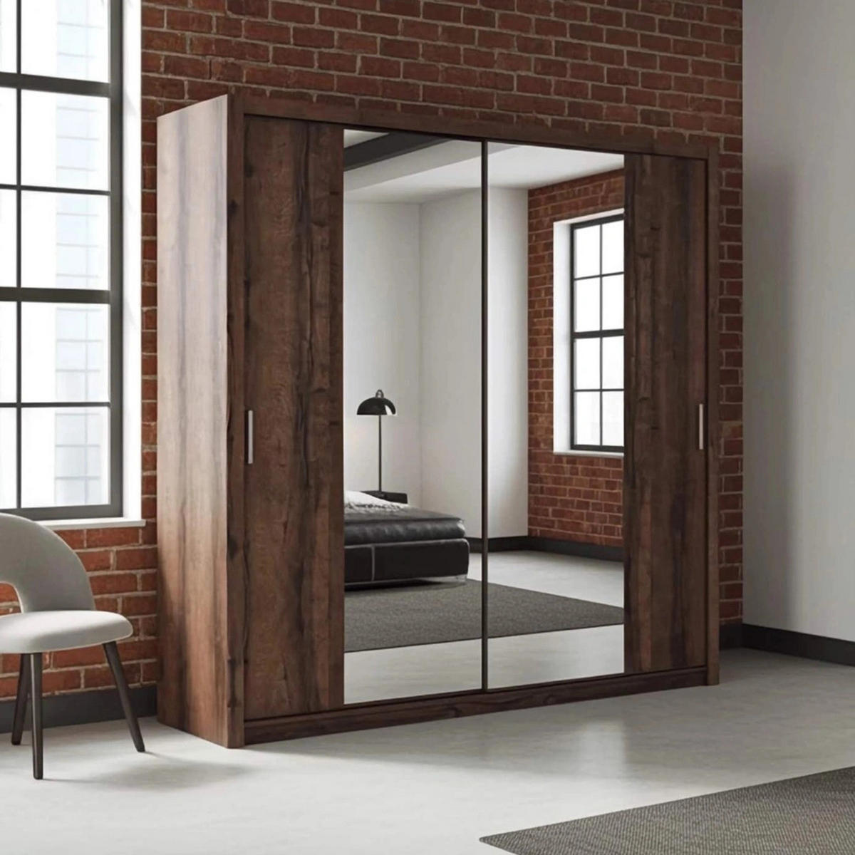 SCHIEBETÜRENSCHRANK Tamiza 220/215/62 mit Spiegel - Silberfarben/Braun, Holzwerkstoff/Kunststoff (220/215/62cm) - Ravio