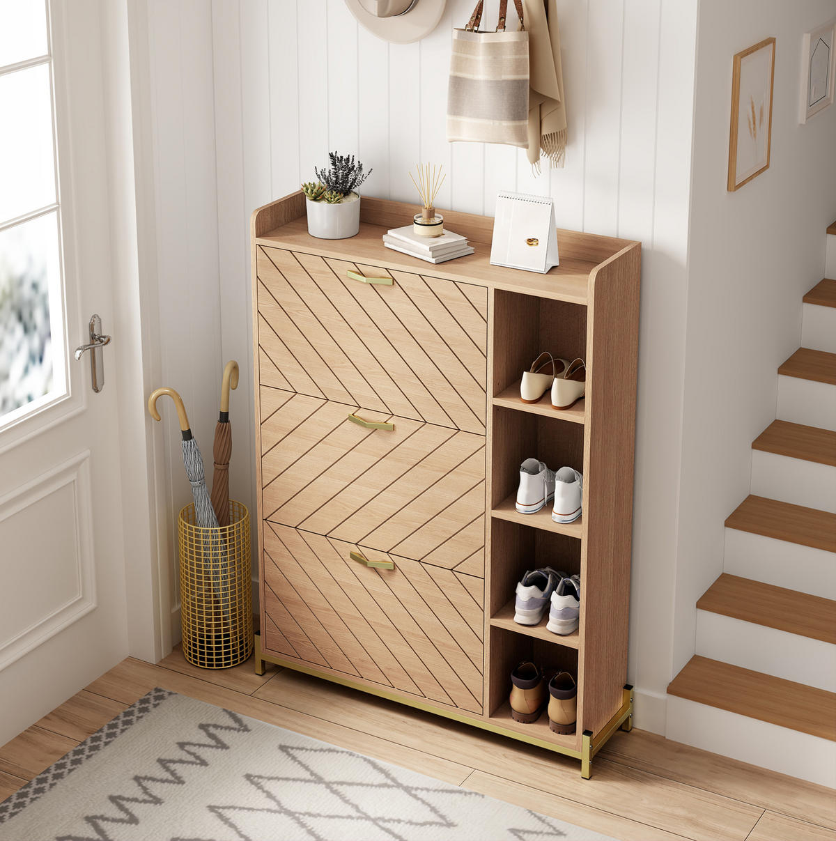 SCHUHSCHRANK aus MDF 90x24x119 cm Natur mit 3 Klapptüren, Soft-Close und offenen Seitenfächern - Naturfarben, Holzwerkstoff (90/119/24cm) - Modfu