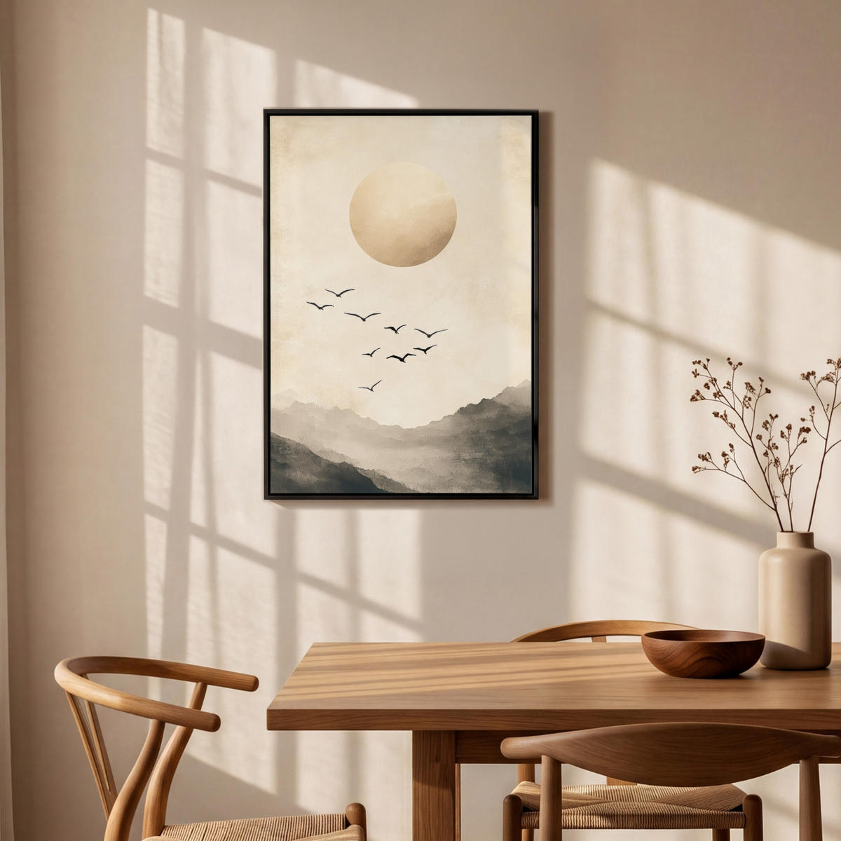 LEINWAND Bilder mit Rahmen - Landschaft - Japandi - Vogel - 60x90 - Beige, Textil (60/90cm) - MuchoWow
