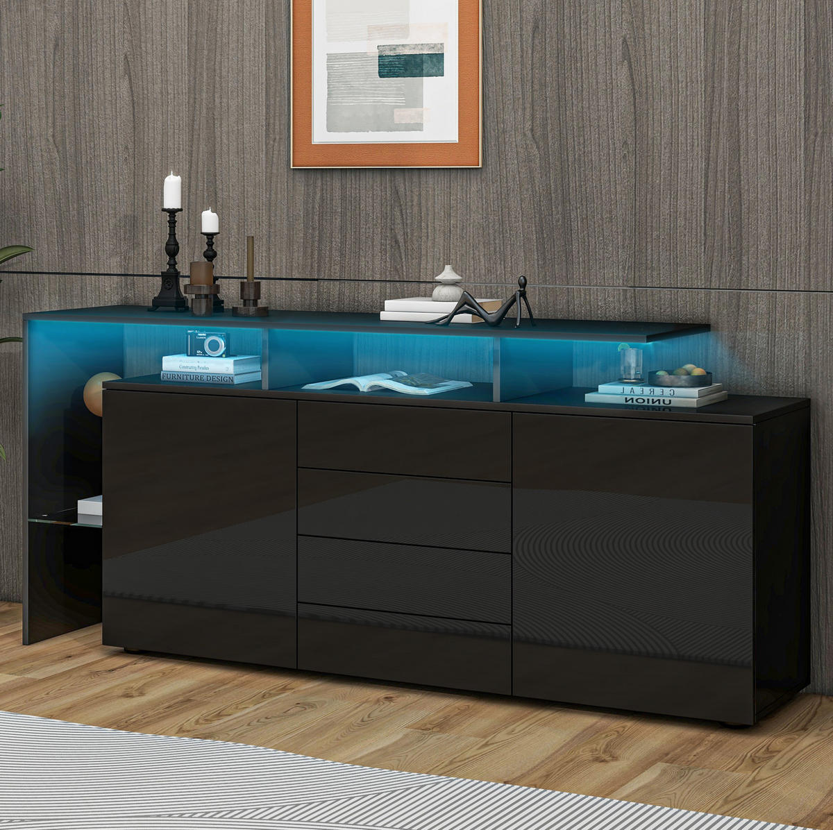 SIDEBOARD mit LED 160 cm Schwarz Hochglanz - Schwarz, Holzwerkstoff (160/70/35cm) - Meubliv