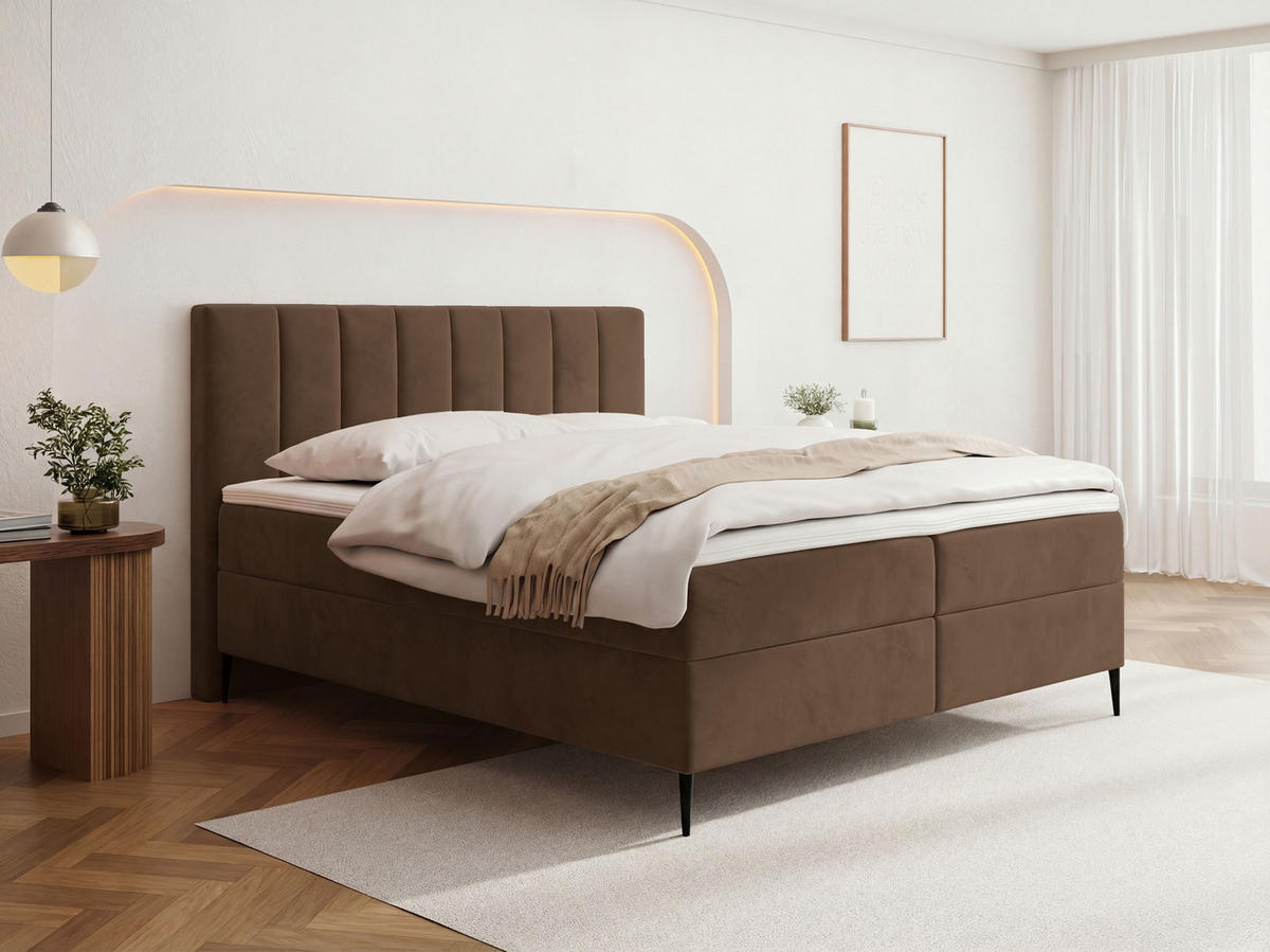 BOXBETT Allen mit Bettkasten, Samt Braun 200x200 cm – inkl. H4 Taschenfederkern Matratze & Foam Topper - Schwarz/Braun, Holzwerkstoff/Metall (200/200cm) - WFL GROUP