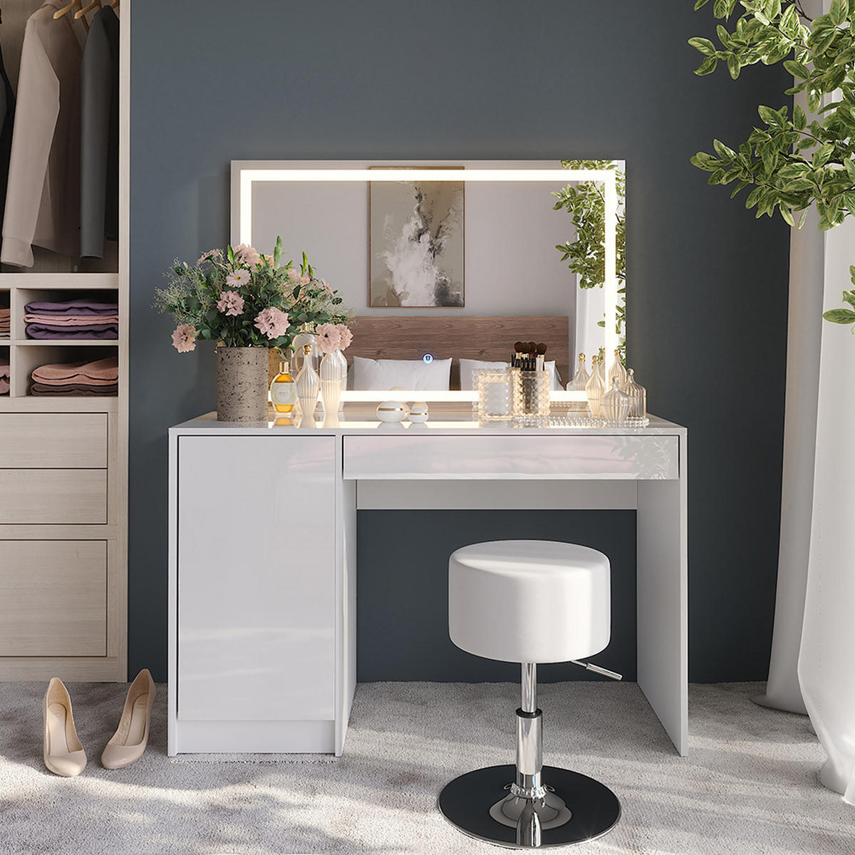SCHMINKTISCH Sherry Weiß/Weiß Hochglanz 119.8 cm mit LED-Spiegel und Hocker - Weiß Hochglanz, Holzwerkstoff (119.8/76/50.1cm) - Vicco