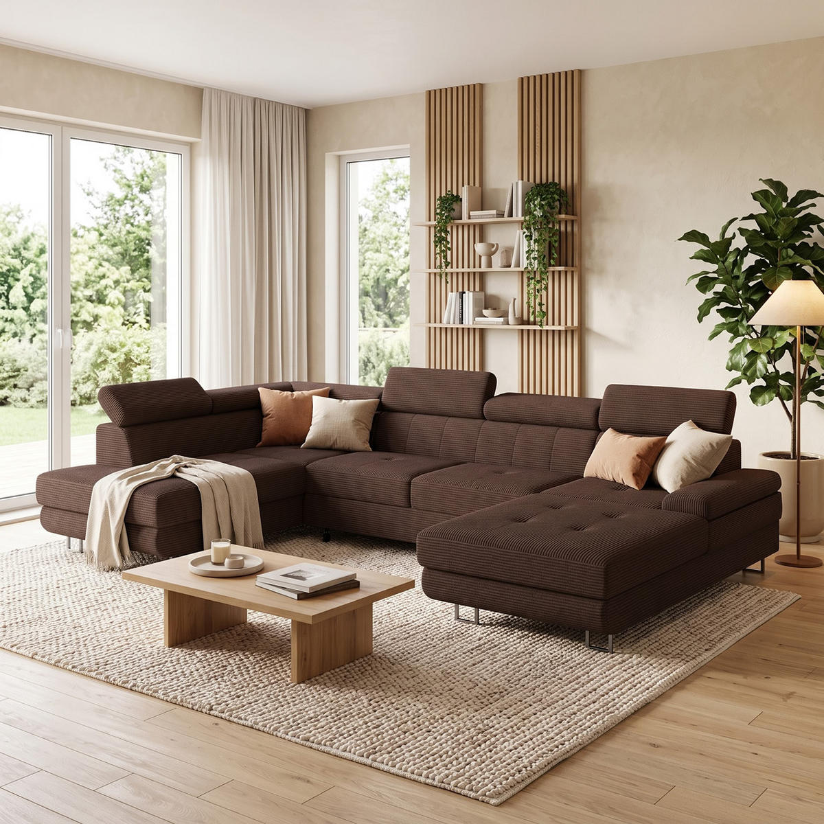 WOHNLANDSCHAFT MARRY Links Beige Cord-Stoff mit Schlaffunktion und zwei Bettkästen - Beige, Holz/Metall (335/90/190cm) - Barchello