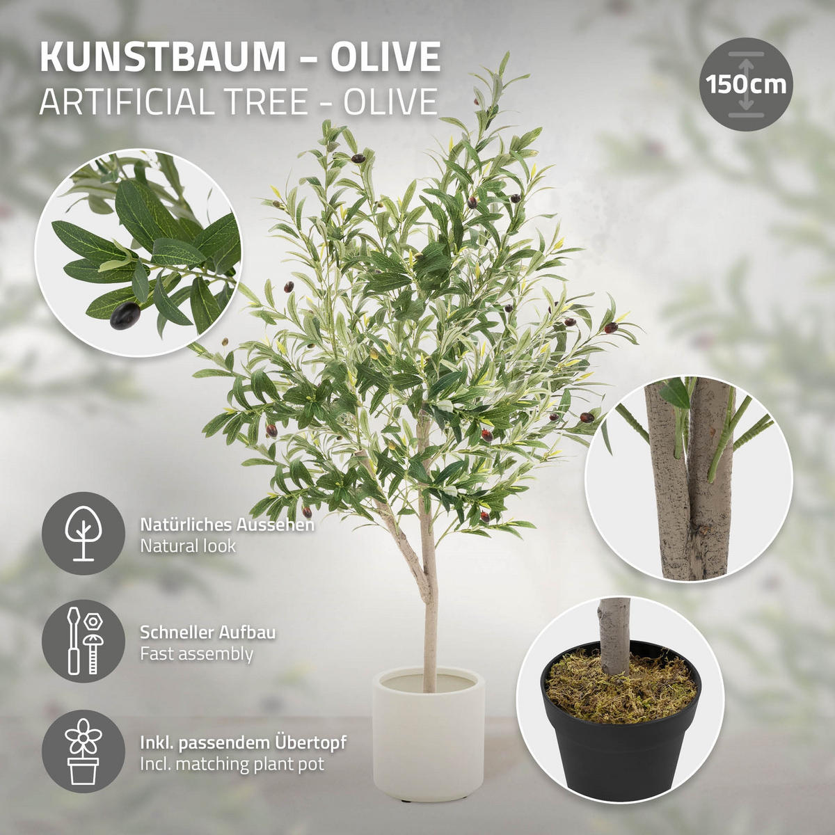 KUNSTPFLANZE Olive - Anthrazit/Grün, Holz/Kunststoff (150cm) - ML-DESIGN