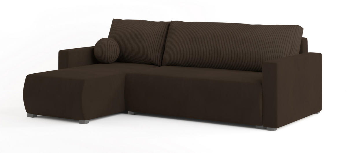 ECKSOFA SORGE Braun Plüsch-Stoff mit Schlaffunktion - Braun, Holz (220/143cm) - MASSENO