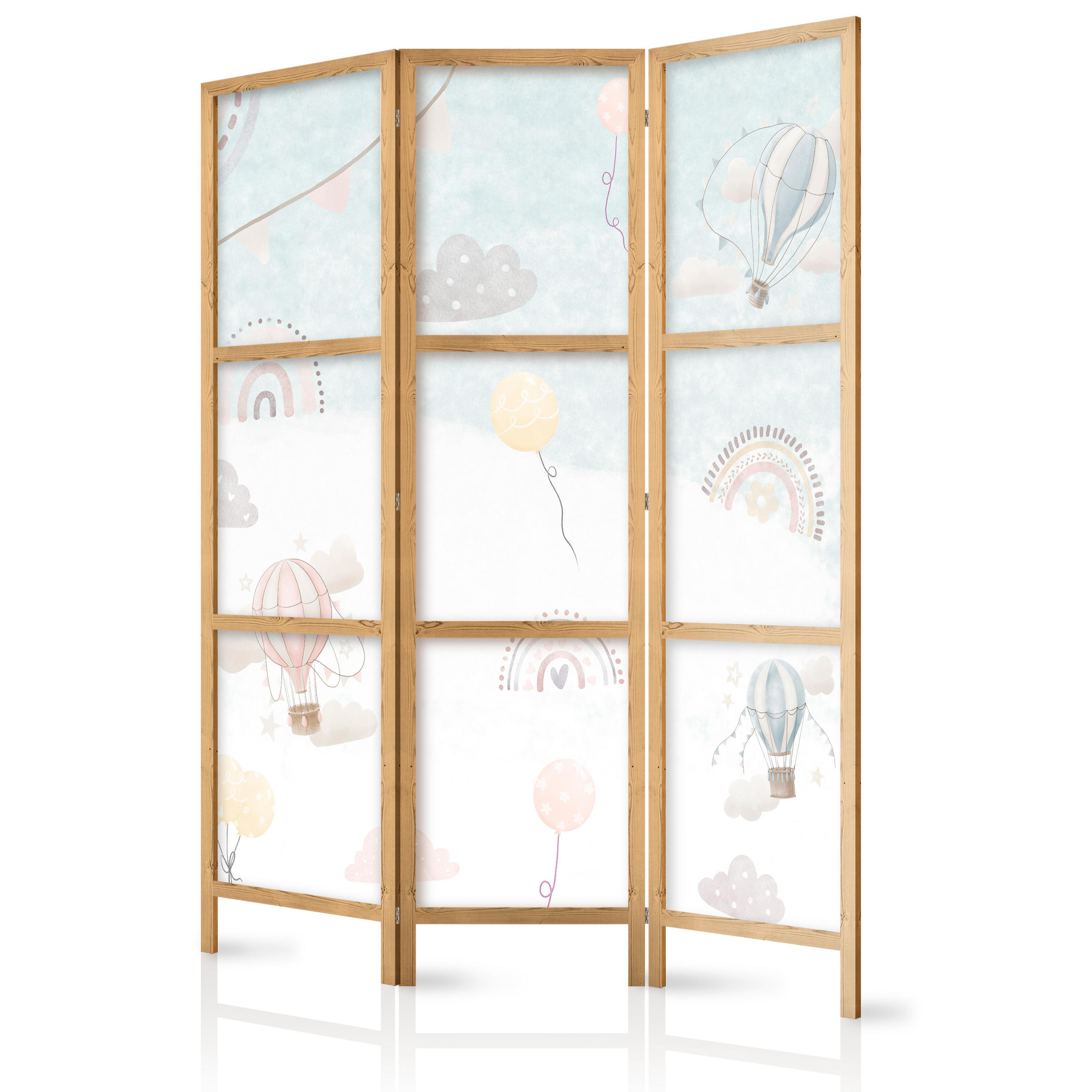 PARAVENT Japanischer 3-tlg 135x172 cm Ballons und Wolken - Weiß, Holz/Textil (135/172/3cm) - Muralo
