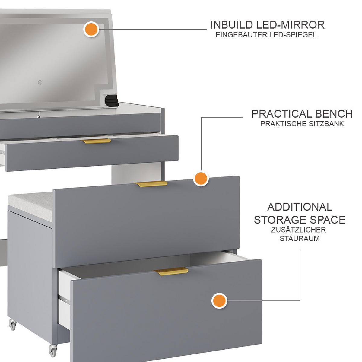SCHMINKKOMMODE Wanja Grau 80 cm mit Bank und LED Spiegel - Grau, Holzwerkstoff (80/80/46cm) - Vicco
