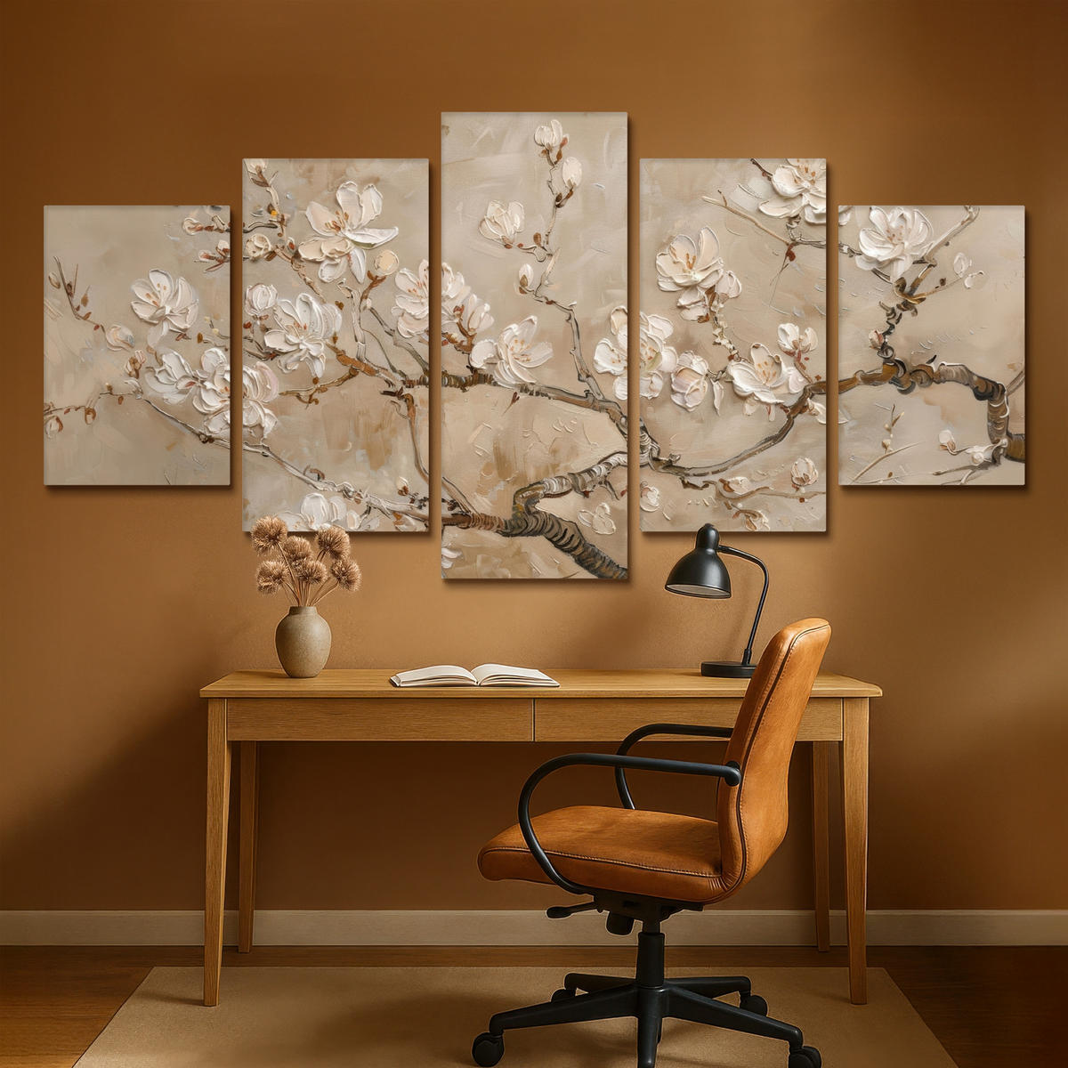 LEINWANDBILD 5er Set Beige - Blüte - Modern 200x100 cm - Greige, Textil (200/100cm) - MuchoWow
