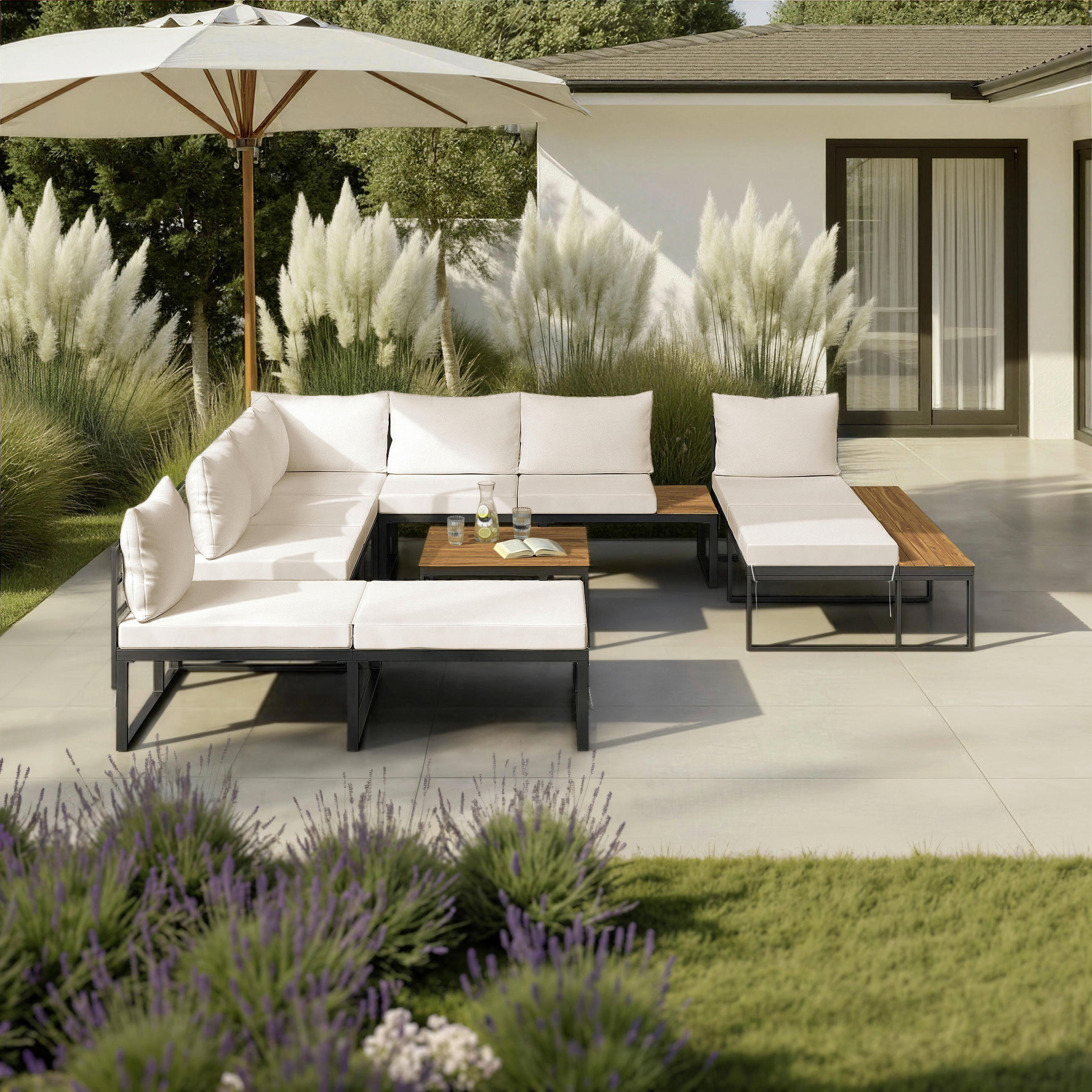 LOUNGEGARNITUR Adriano Creme Akazie/Metall/Outdoorstoff - Creme, Holz