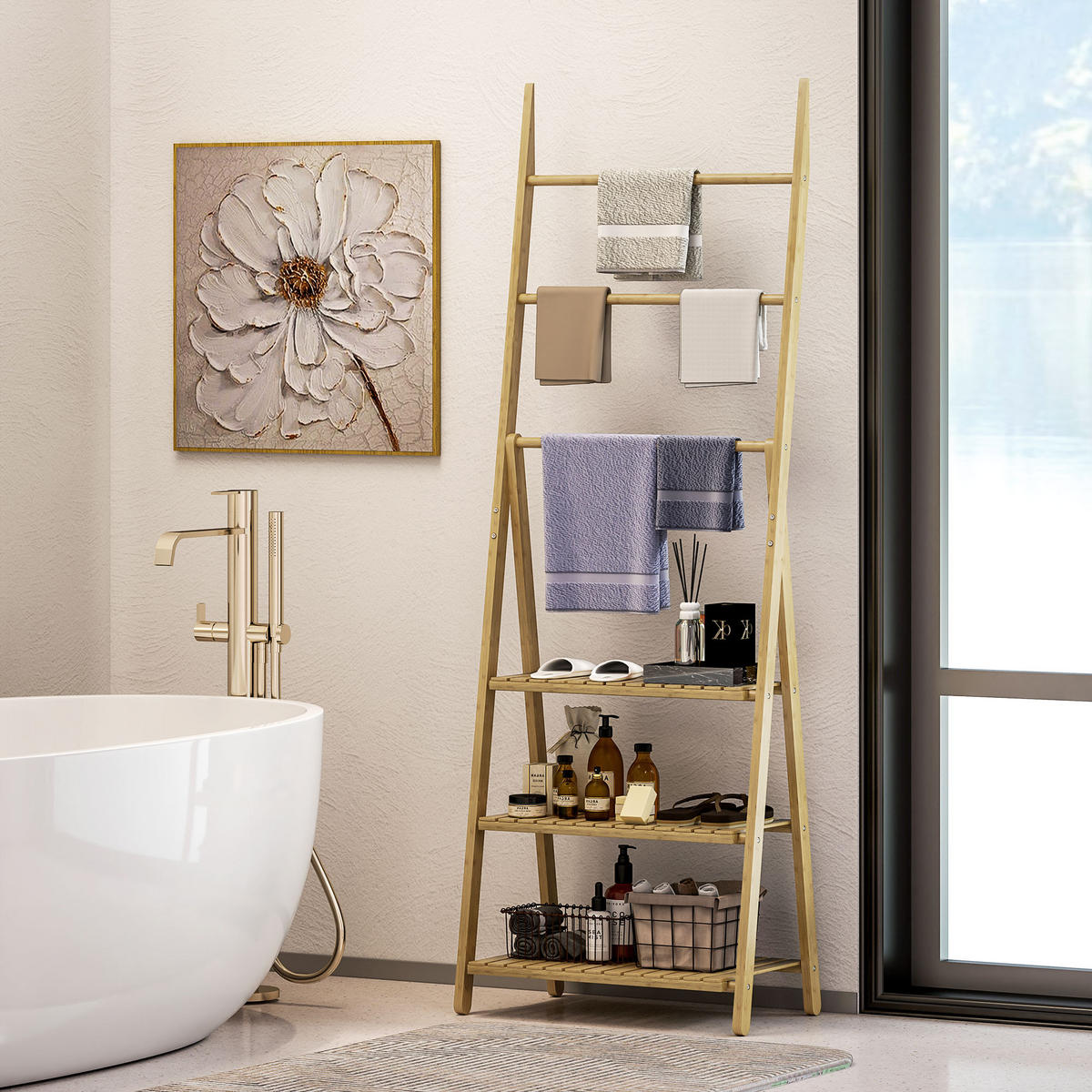 BADREGAL, Badezimmerregal mit 3 Ebenen, Aufbewahrungsregal aus Bambus A-Form - Naturfarben, Holz/Bambusholz (30/153/53.5cm) - HOMCOM