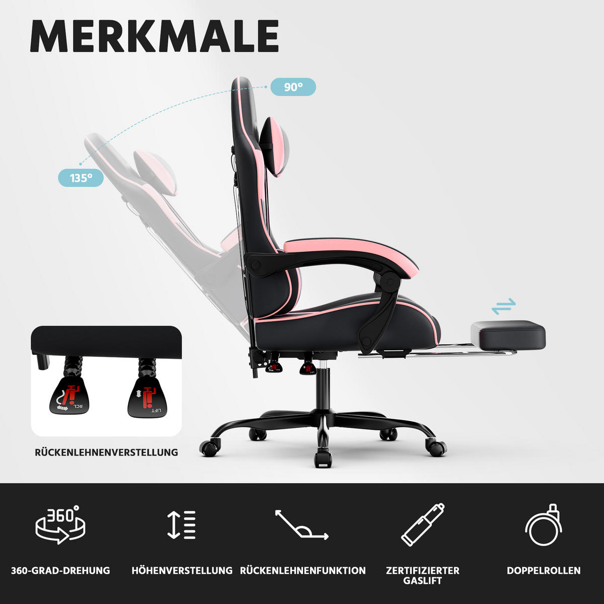 GAMINGSTUHL DE-40990 mit Lendenstütze und PVC-Lederbezug Schwarz/Rosa - Pink, Metall (58.5/120.5/63cm) - ComfortXL