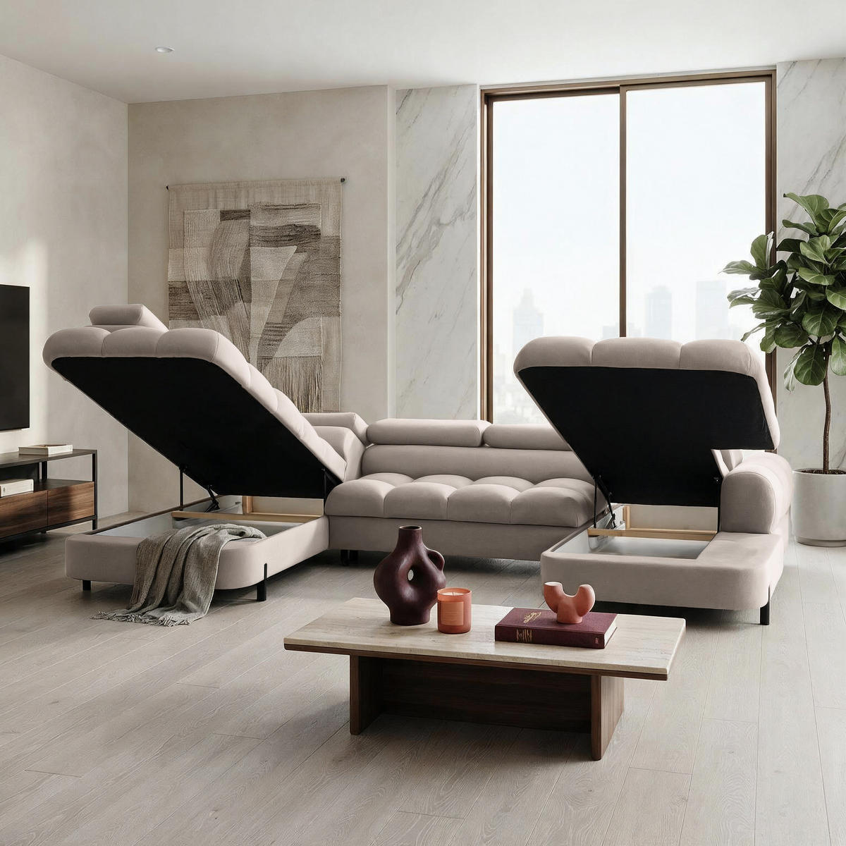 ECKSOFA U-Form BOWL U Links mit Schlaffunktion 125x265 Velours Beige - Beige/Schwarz, Holz/Textil (339/90/195cm) - Muffo