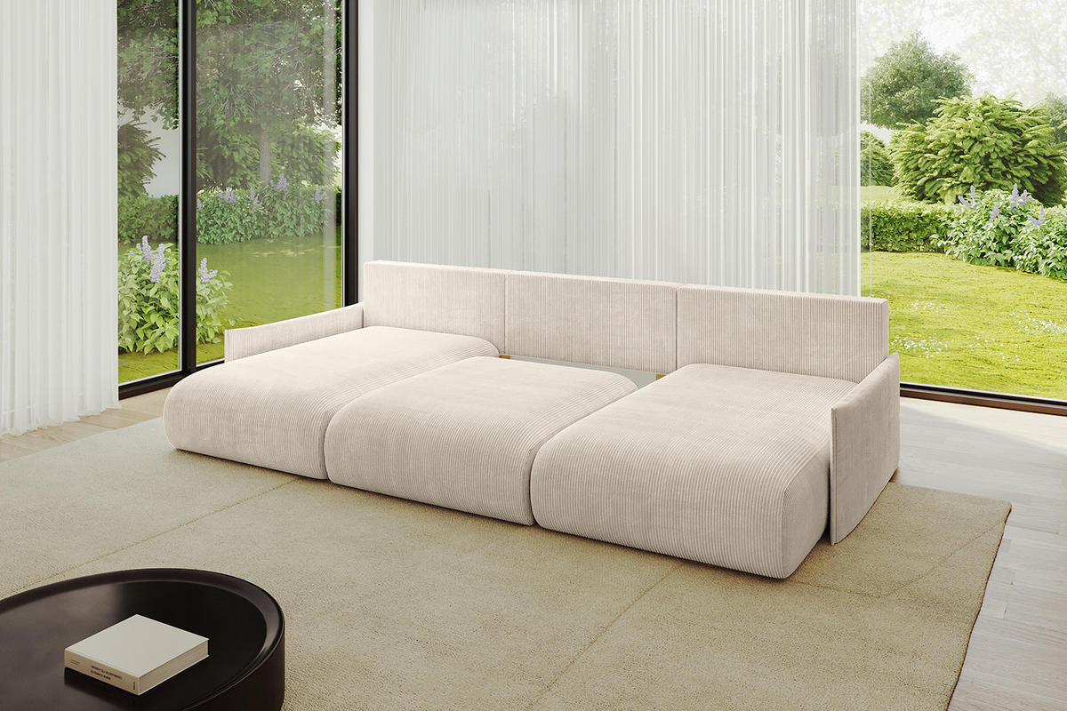WOHNLANDSCHAFT mit Schlaffunktion und Bettkasten ONESK-U-v1 304x165x40 Beige Cord - Beige, Holzwerkstoff/Kunststoff (304/90/165cm) - ALTDECOR