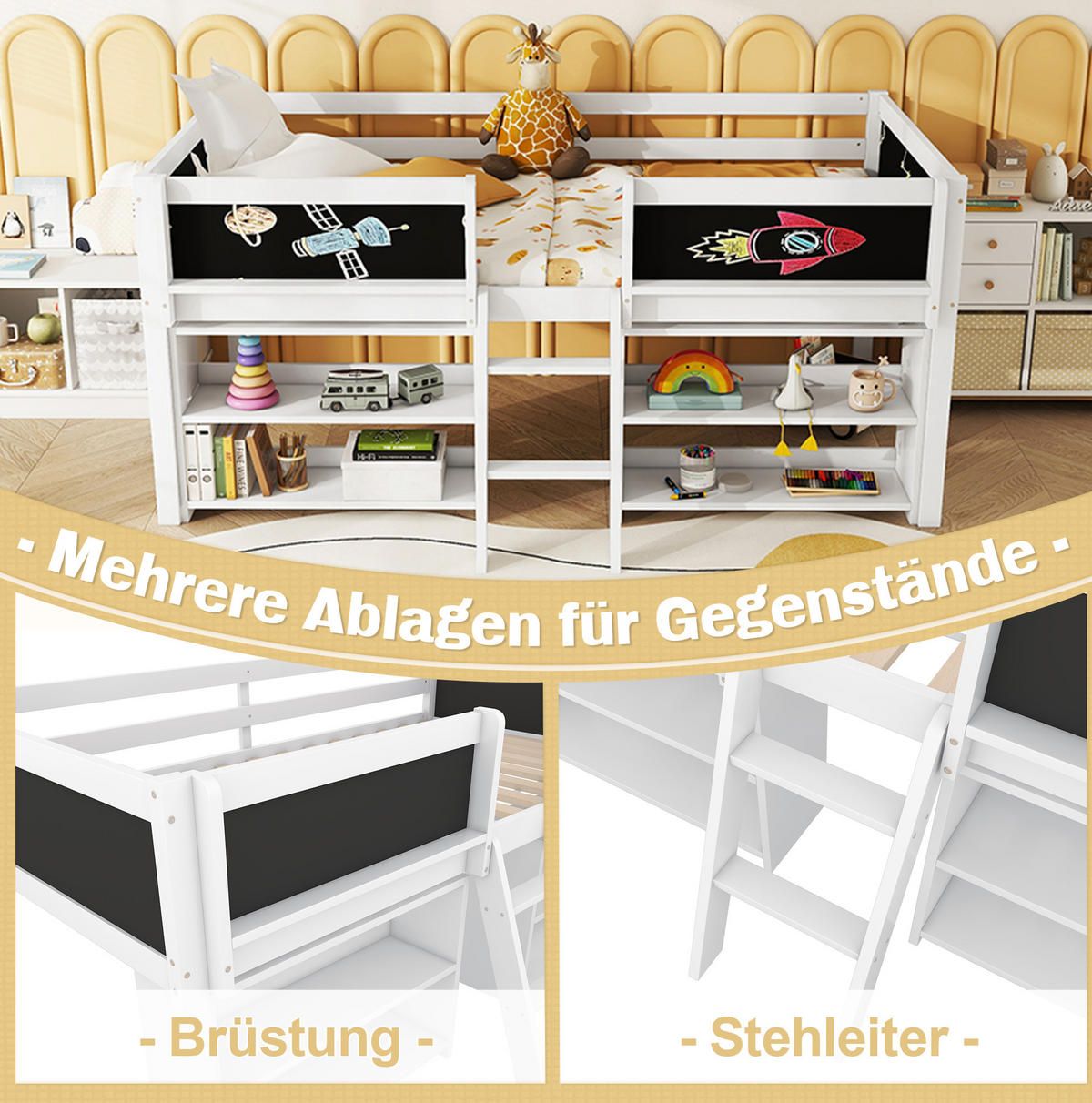 KINDERBETT Kindereinzelbetten 90/200 cm mit Stauraum, Sicherheitsgeländer und Zeichentafel, Weiß - Weiß, Holzwerkstoff (90/200cm) - Redom