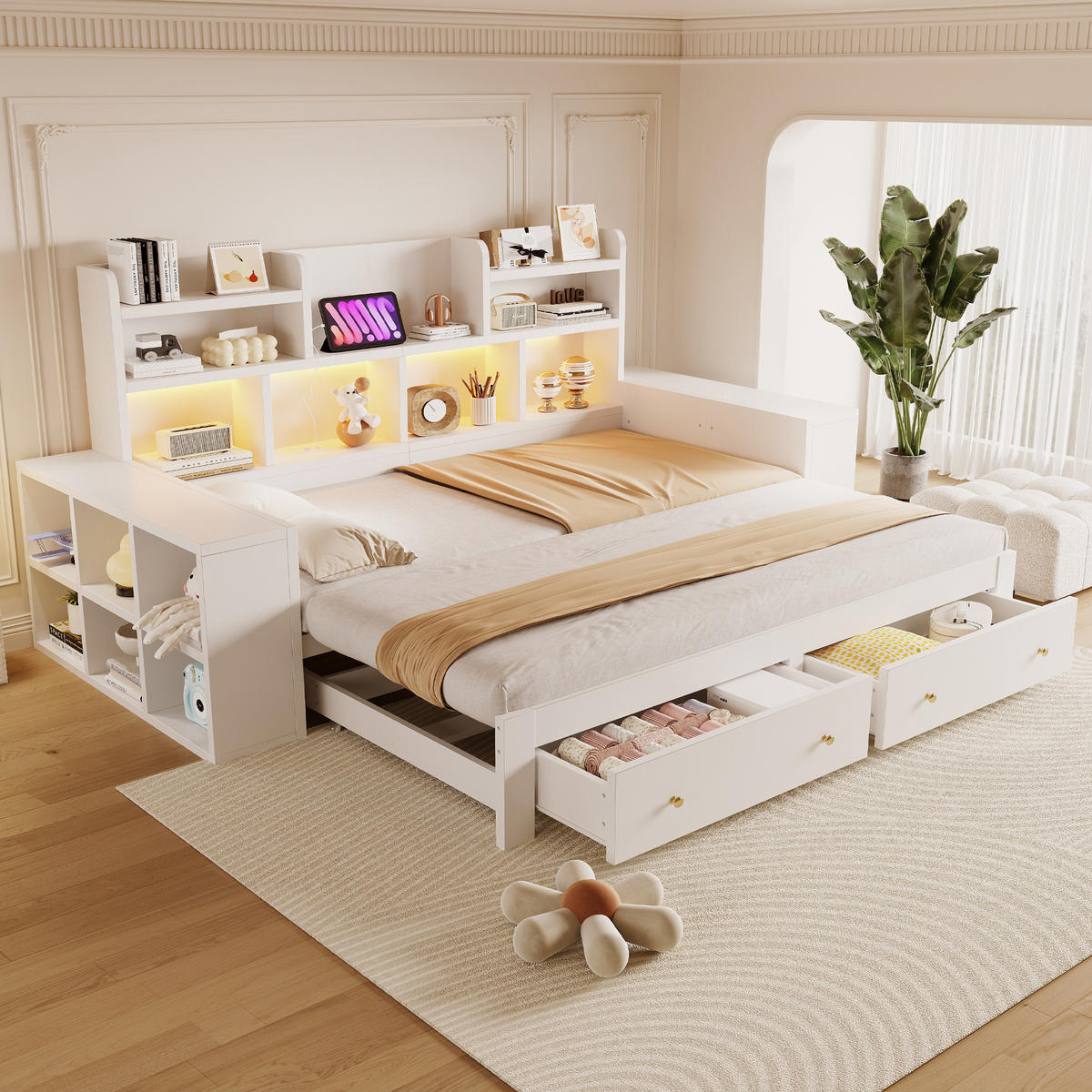 AUSZIEHBETT 90/180/200 cm mit Ablagefächern und Schubladen, DE-41646, in Weiß - Weiß, Holzwerkstoff (90/200cm) - ComfortXL