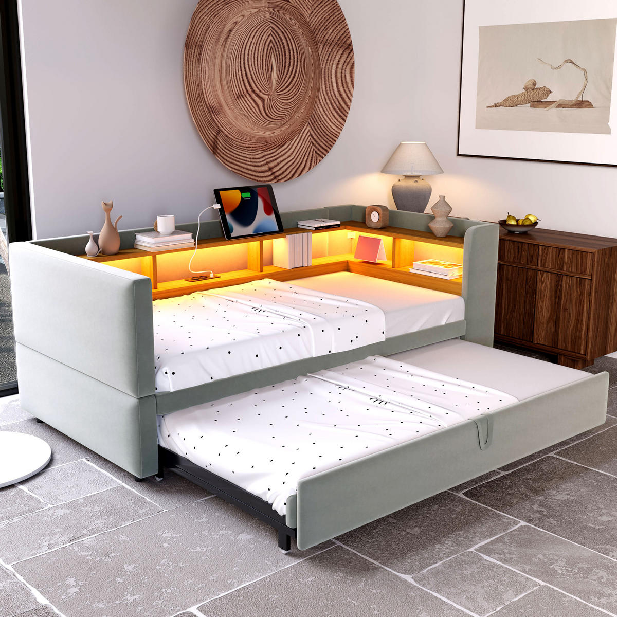 POLSTERBETT 90/180 cm Hellgrau Ausziehbett mit LED-Beleuchtung Steckdosen und Ablagefächern - Hellgrau, Textil (90/190cm) - OKWISH