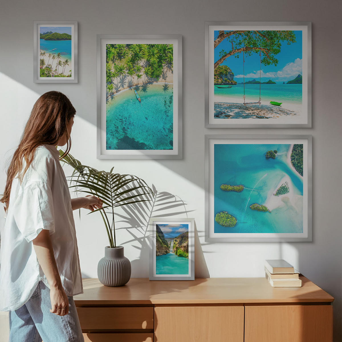WANDBILDER 5er Set - 50x50 cm & 20x30 cm & 40x60 cm Silberner Rahmen - Strände, Palmen, kristallklares Wasser - Silberfarben, Kunststoff (40/60cm) - ArtPrintCave