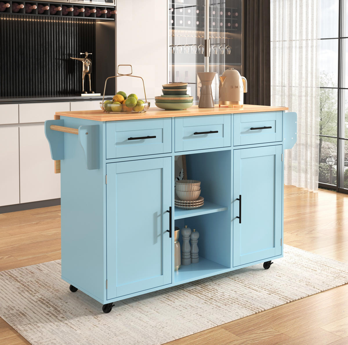 KÜCHENWAGEN mit Klappplatte 139 x 46(71) x 91,5 cm Blau - Blau, Holz (46/91.5/139cm) - Beauniv