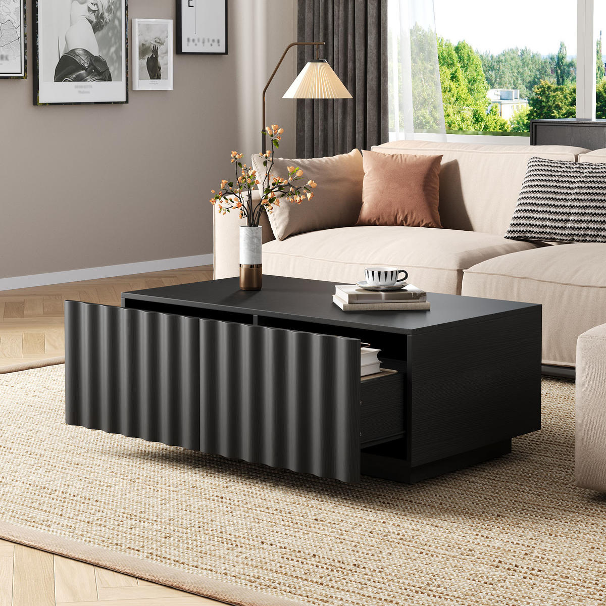 COUCHTISCH Wellenmuster 2 Schubladen modern Stauraum - Schwarz, Holzwerkstoff (100/50/40cm) - FLIEKS