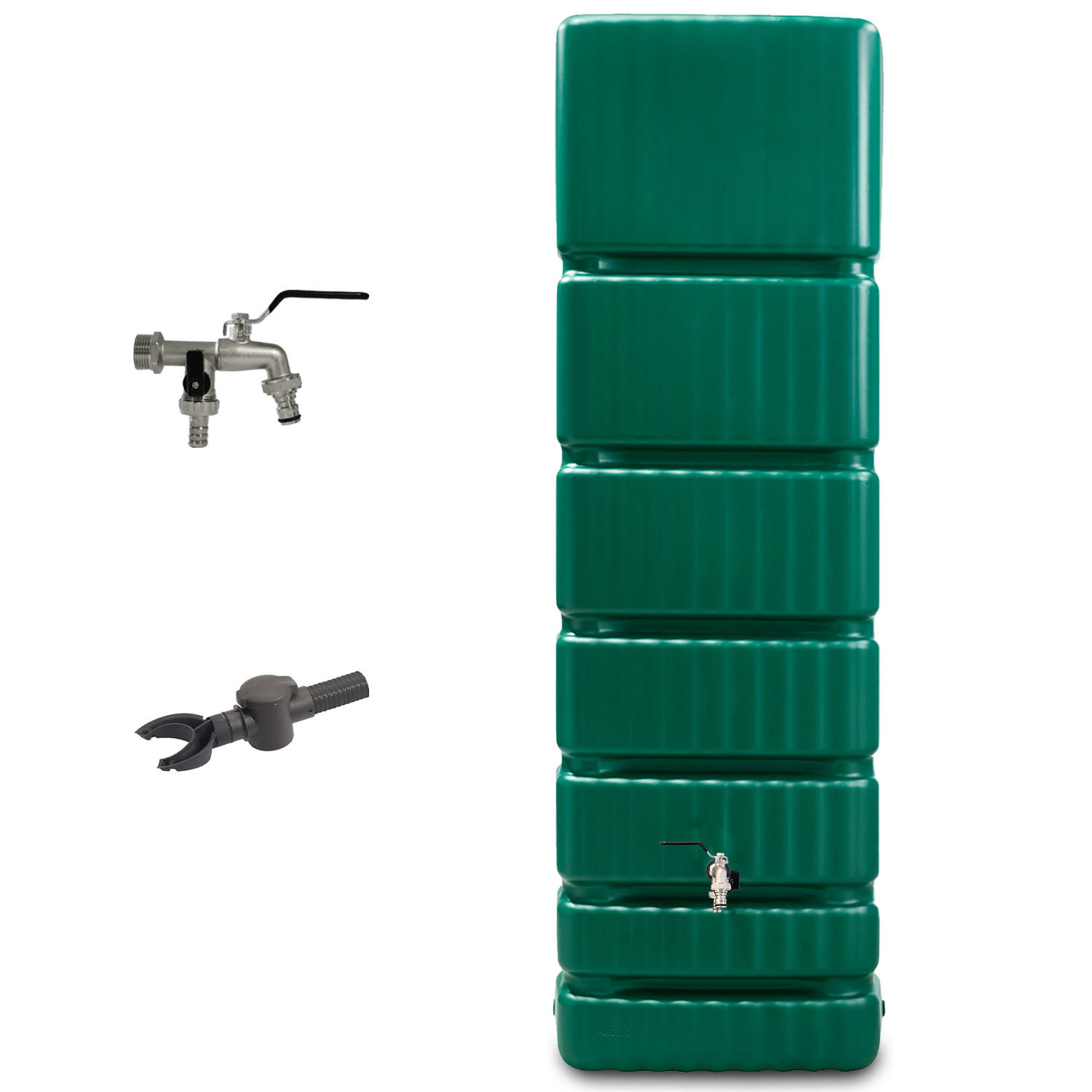 REGENTONNE Wandtank Komplett-Set 350 L, dunkelgrün inkl. Chrom-Doppelauslaufhahn und Fallrohranschluss - Grün, Kunststoff (39/184/60cm) - 4rain