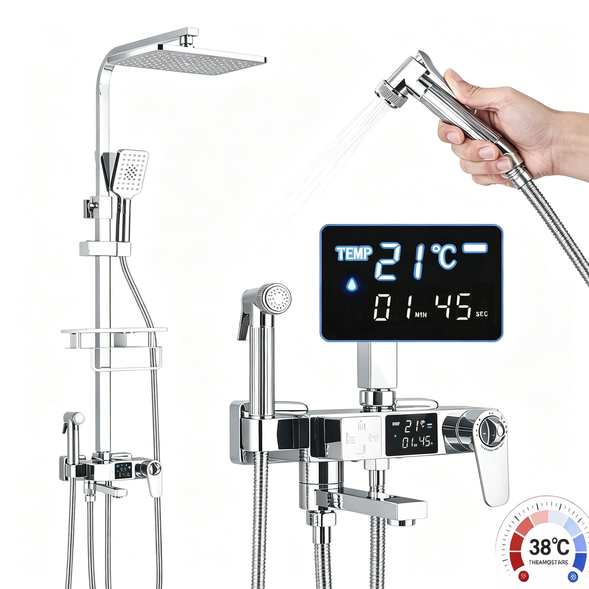 THERMOSTATISCHES Duschsystem 4 Funktionen mit Digitalanzeige Silber – Regendusche, Handbrause, integrierte Ablage & Bidet, Badezimmer Armatur - Silberfarben, Metall (19/120/29cm) - Kaket