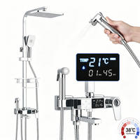 THERMOSTATISCHES Duschsystem 4 Funktionen mit Digitalanzeige Silber – Regendusche, Handbrause, integrierte Ablage & Bidet, Badezimmer Armatur - Silberfarben, Metall (19/120/29cm) - Kaket