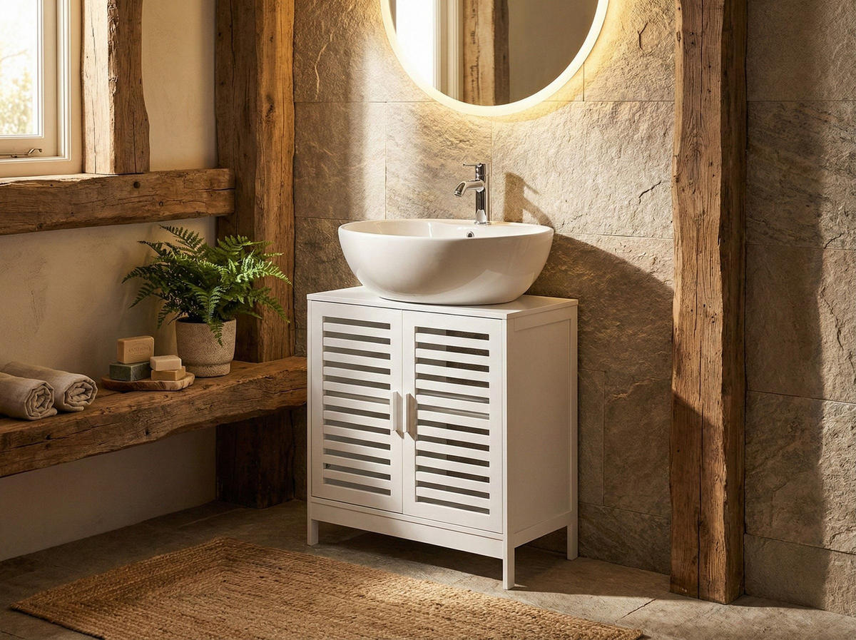 WASCHBECKENUNTERSCHRANK Bambus 60 cm Weiß Missoula - Weiß, Holz (60/60/30cm) - Beliani