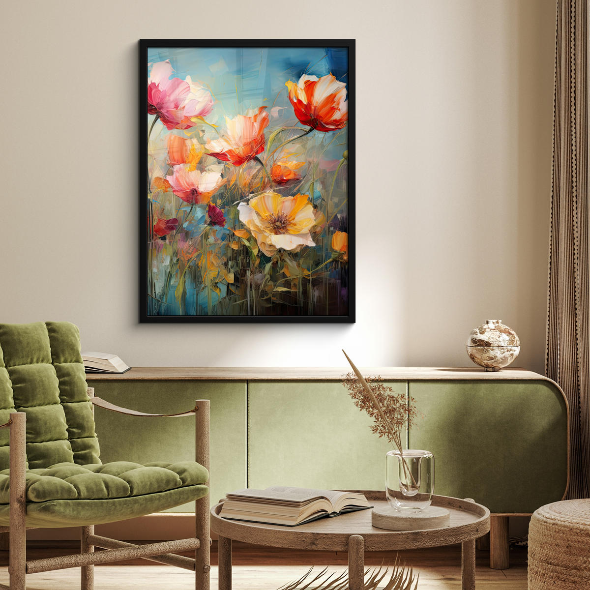 GERAHMTES BILD Blumen - Aquarell - Kunst - Botanisch - Natur 60x80 cm - Orange, Papier (60/80cm) - MuchoWow