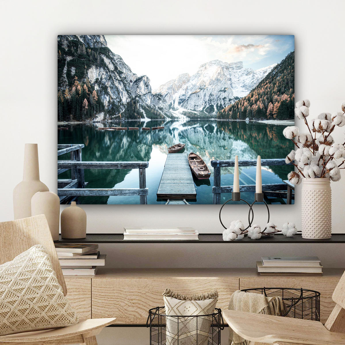 LEINWANDBILD Natur - Berge - Schnee - Wald - Boot Wandbilder 80x60 cm - Hellgrün, Textil (80/60cm) - MuchoWow