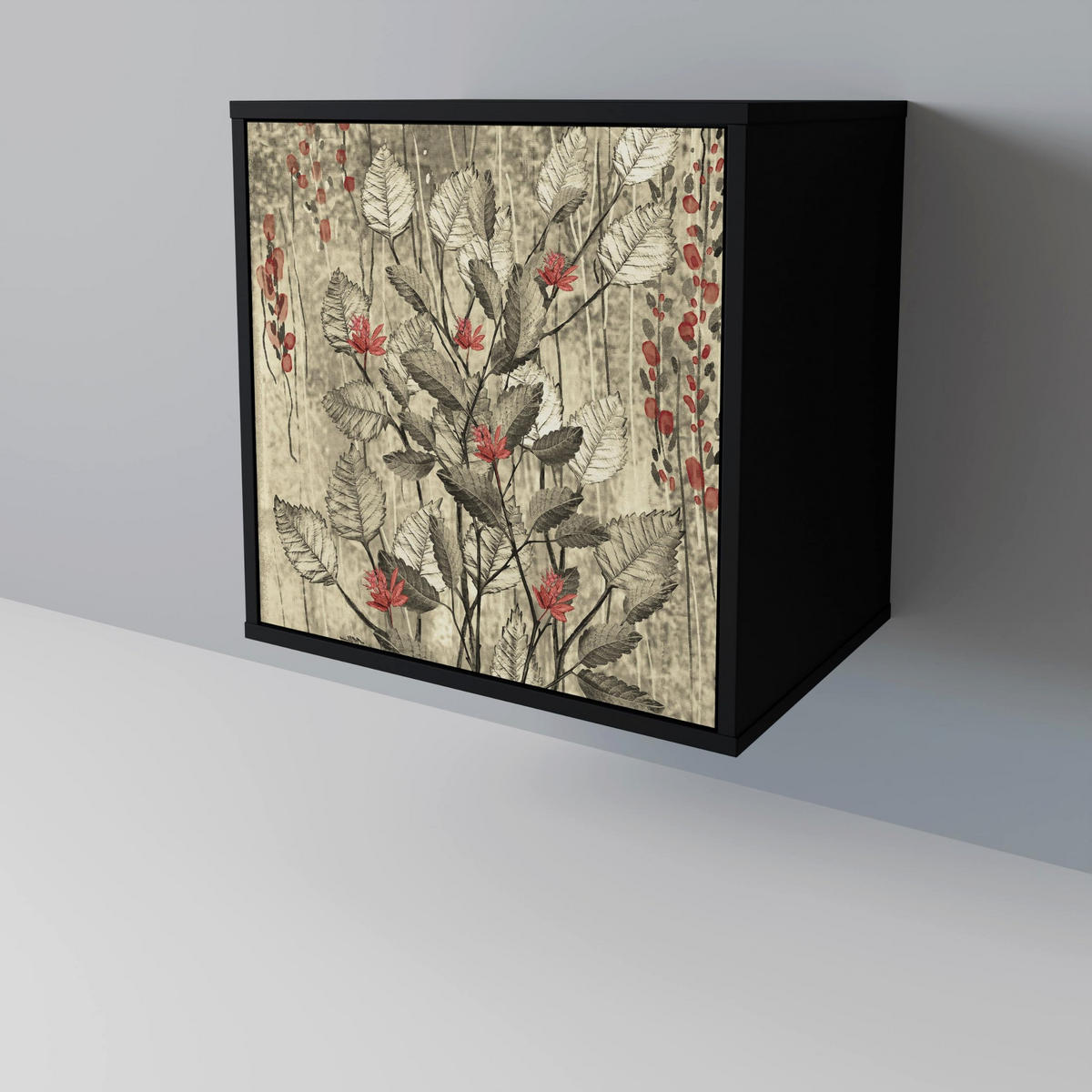 SIDEBOARD HERBAL GRACE, Schwarz, 57,5x42x72,5 cm, Schwarze Metallfüße - Multicolor/Schwarz, Holzwerkstoff/Metall (57.5/72.5/42cm) - SpaceRebels