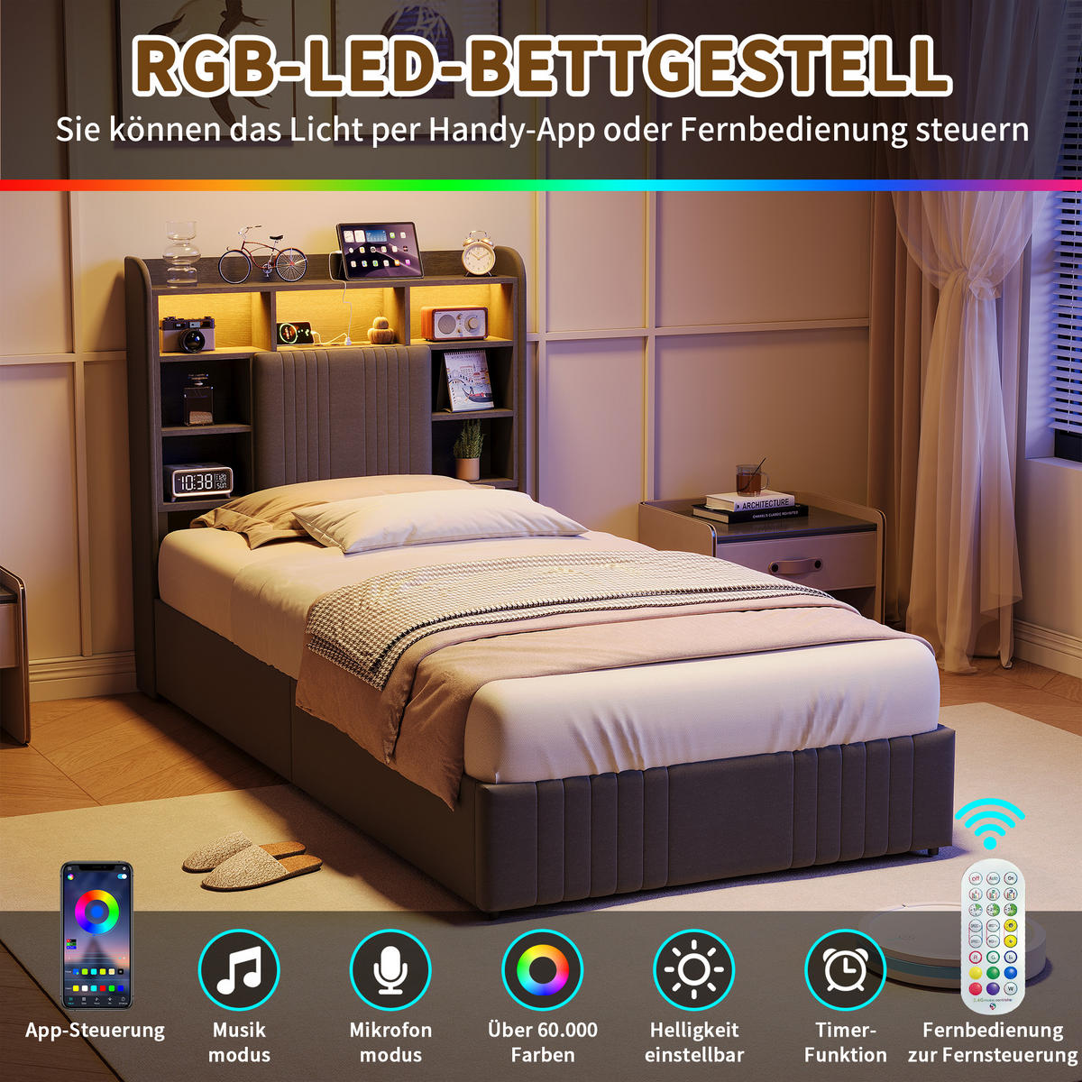 POLSTERBETT 90/200 cm Grau mit 2 Schubladen, LED-Kopfteil mit Ablage und USB - Grau, Metall (90/200cm) - EuroLiving