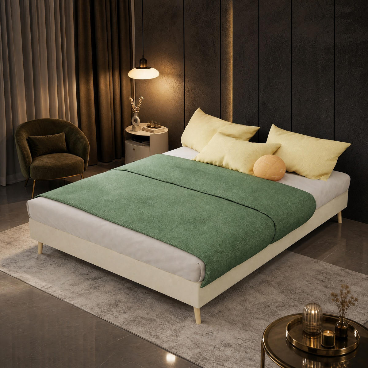 POLSTERBETT 140/200 mit stabilem Rahmen und Samtbezug in Beige - Beige, Holzwerkstoff/Textil (140/200cm) - EVRYAE