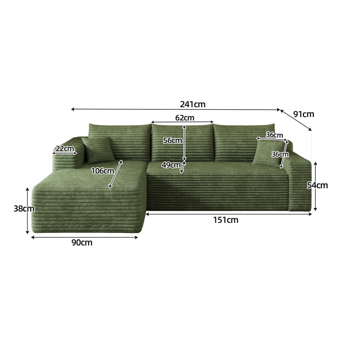 ECKSOFA 241 cm aus Stoff mit Cordbezug und Chaiselongue Grün - Grün, Textil (151/241cm) - Modenvie