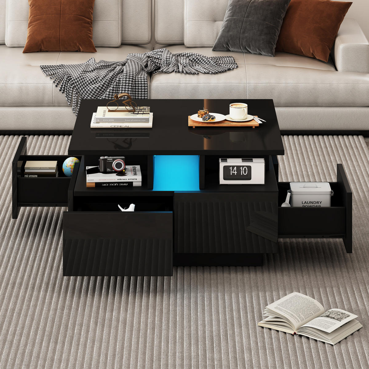 COUCHTISCH 70/70/40 cm Schwarz aus Spanplatte mit LED und 4 Schubladen - Schwarz, Holzwerkstoff (70/70/40cm) - OKMYHOME