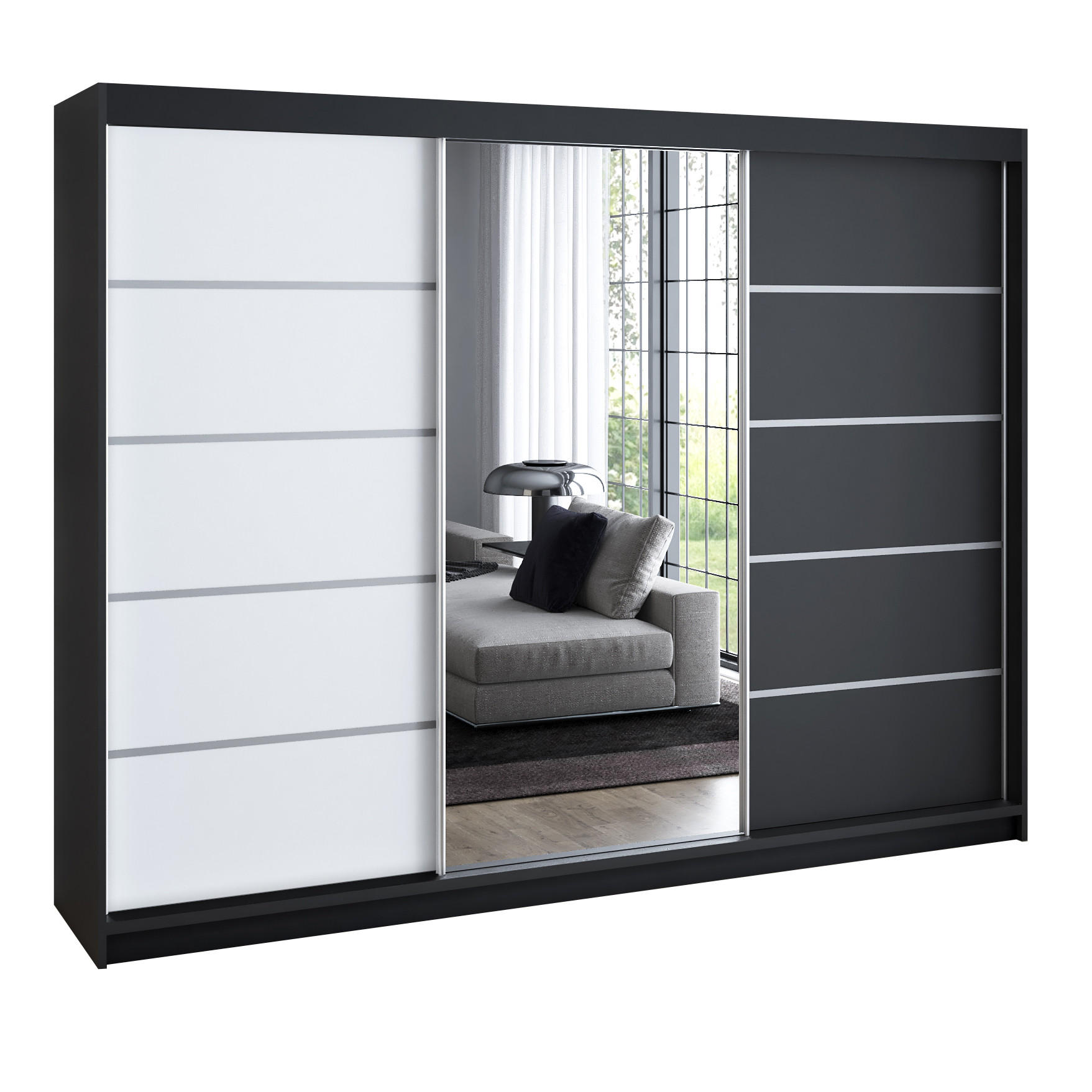 A&J MöbelLand SCHWEBETÜRENSCHRANK Weiß, Klar, Schwarz 200cm × 60cm × 215cm